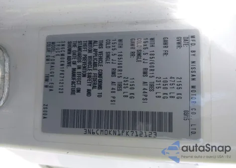 2015 Nissan Nv200 Sv z USA, uszkodzony, nr VIN 3N6CM0KN1FK712123